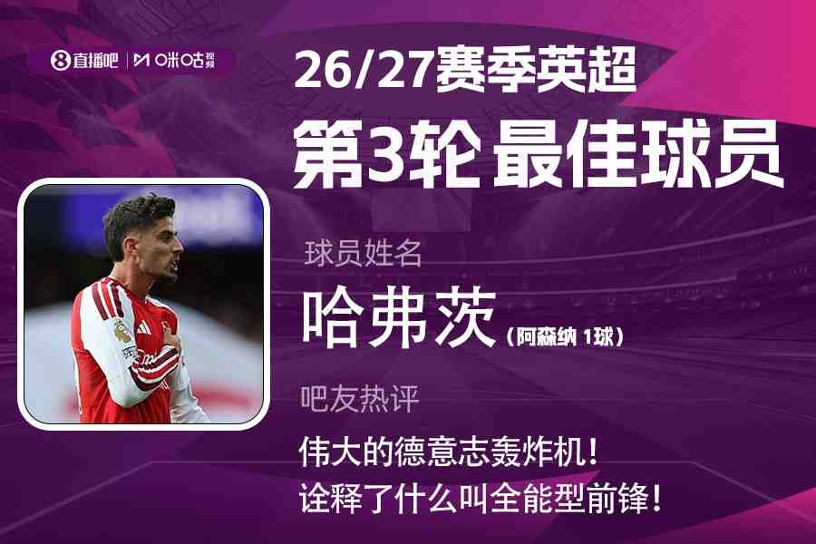 X咪咕体育|英超第3轮MVP:哈弗茨内切低射+灵性漏球当选!