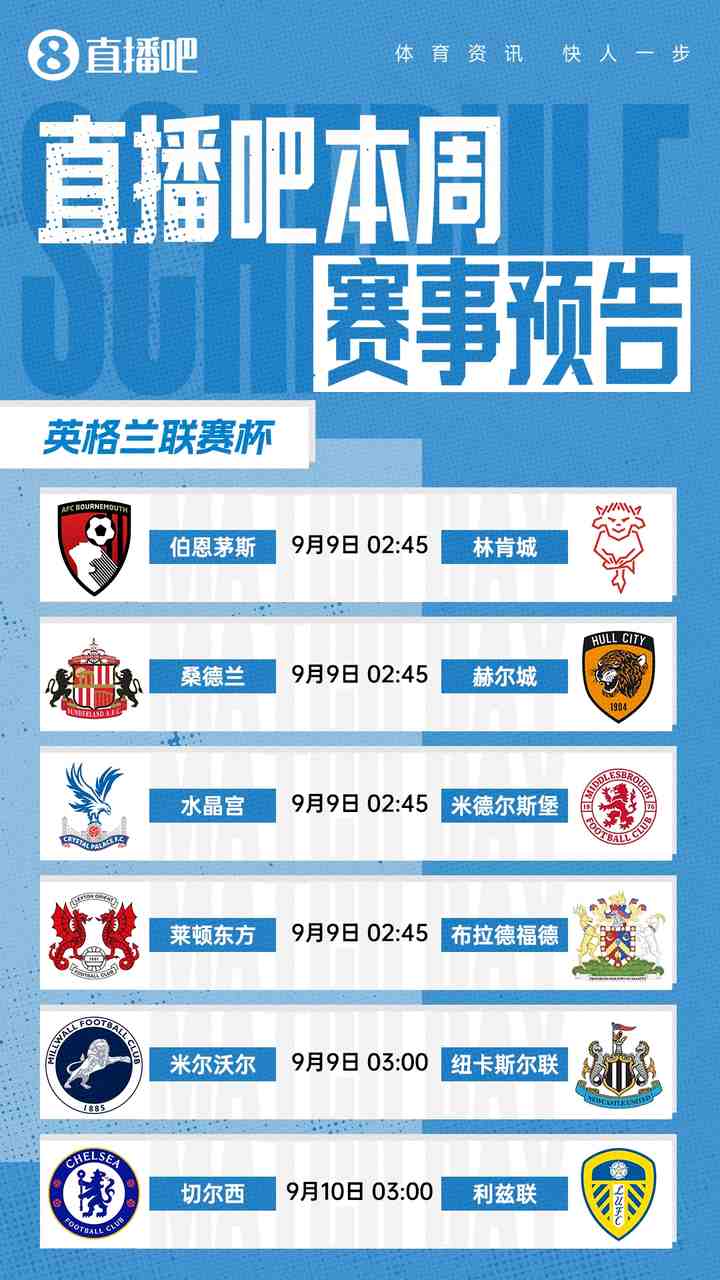 本周带来6场联赛杯免费视频直播,快去预约你想看的比赛!