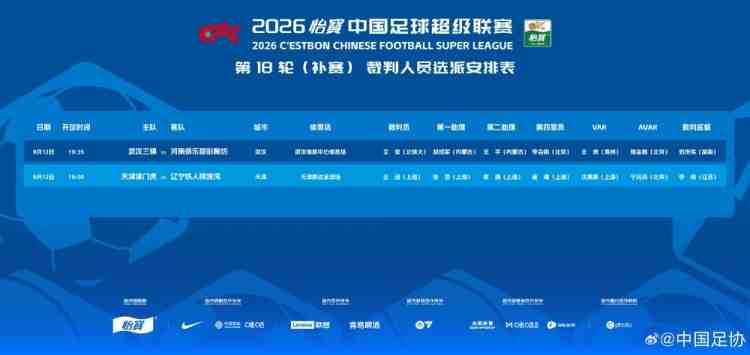 中超补赛裁判安排:艾堃执法三镇vs河南,王迪执法津门虎vs铁人