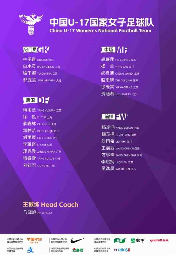 U17女足集训名单:马晓旭挂帅,刘雨辰、刘雨希在列江苏7人入选